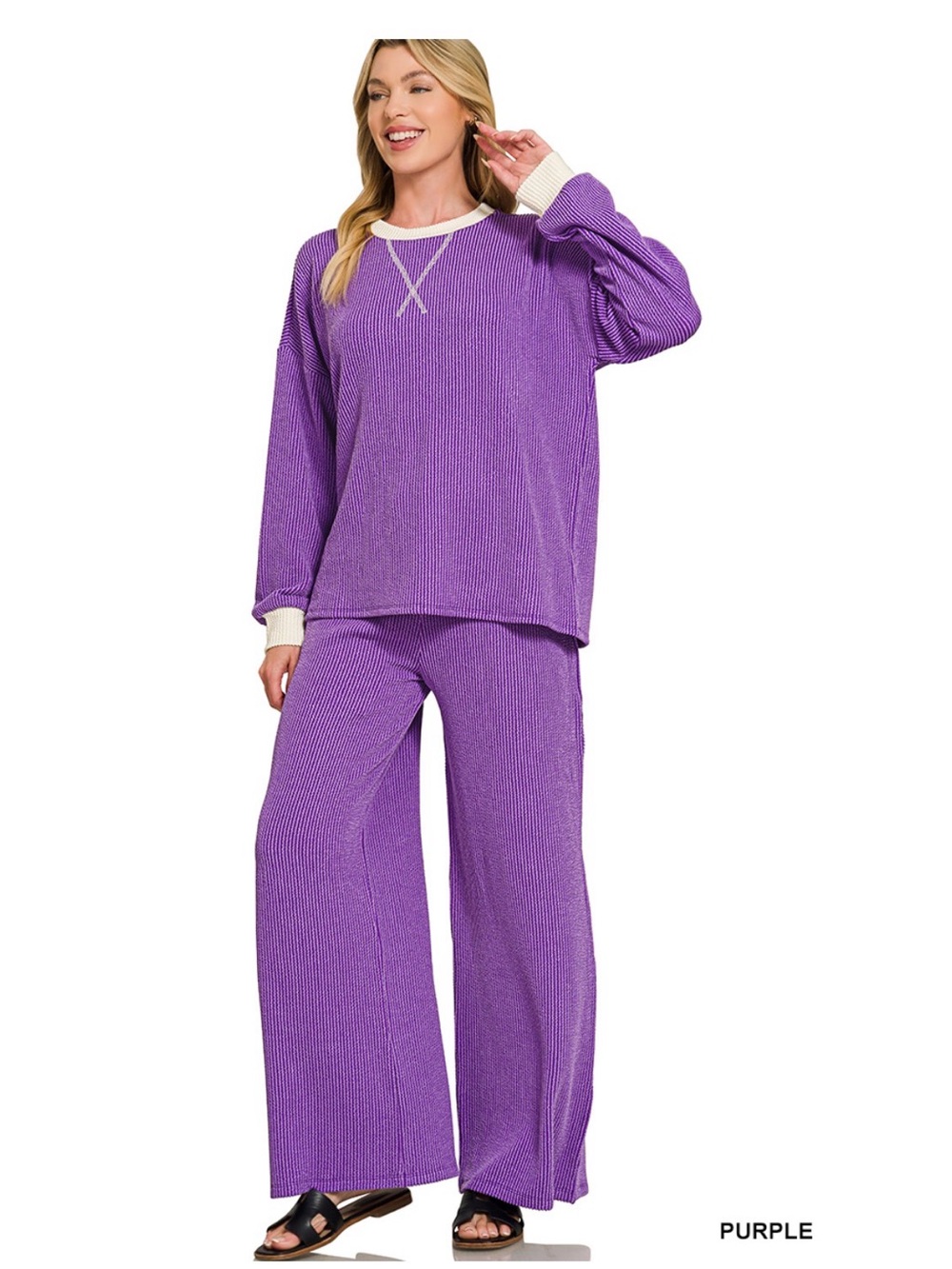 Zenana Outfitters Ribbed Lounge Set in Purple with Cream Trim